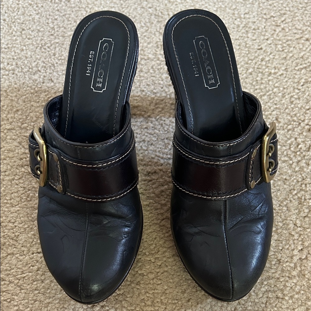 Coach Black Leather Buckle Clogs sz 8
